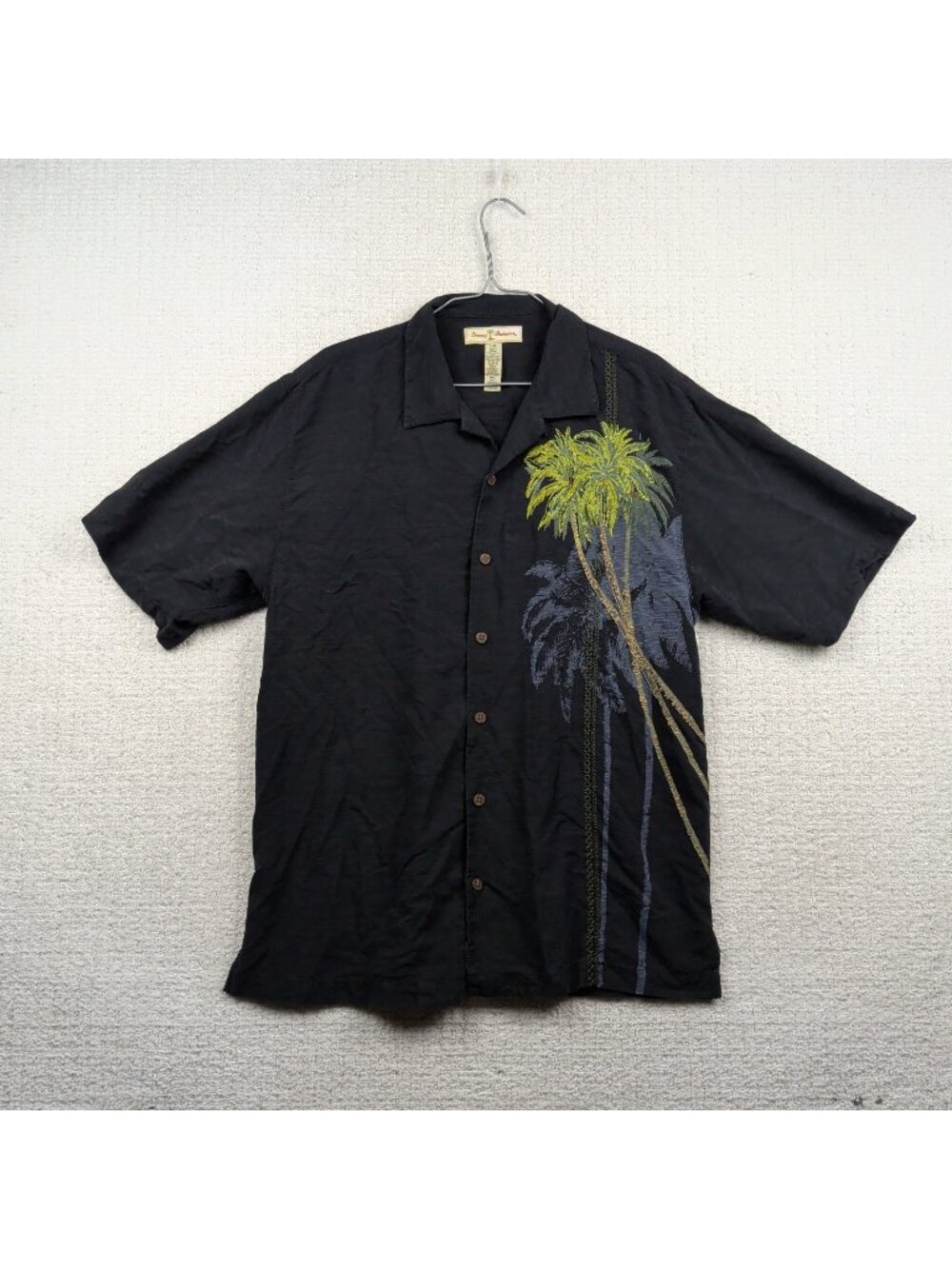 VTG Tommy Bahama 100% Silk Button Down Hawaiian Aloha Shirt Sz L Black Palm Tree